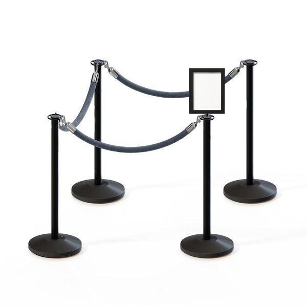 Montour Line Stanchion Post and Rope Kit Black, 4FlatTop 3Gray Rope 8.5x11V Sign C-Kit-3-BK-FL-1-Tapped-1-8511-V-3-PVR-GY-PS